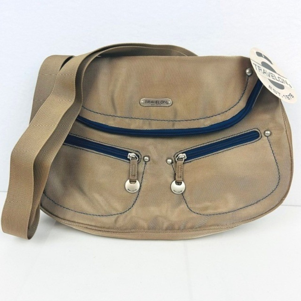 Travelon Crossbody Bag Tan Anti-Theft Multi-Pocket Nylon Women OS‎